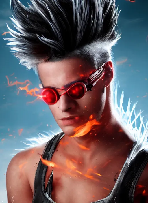 An epic fantasy comic book style portrait painting of young man with long red spiked hair. An epic fantasy comic book style portrait painting of young man with long red spiked hair.