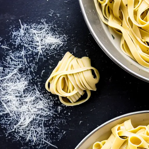 KREA a creamy fettuccine pasta in a parmesan wheel, food photography