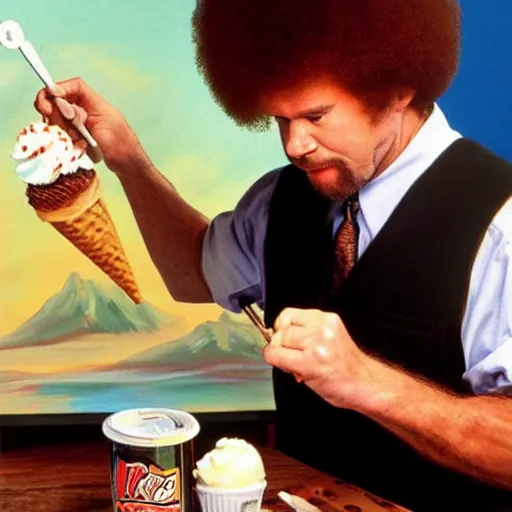 KREA Bob Ross painting an ice cream sundae, tv show, 90s, vintage, oldschool, artist, brush,