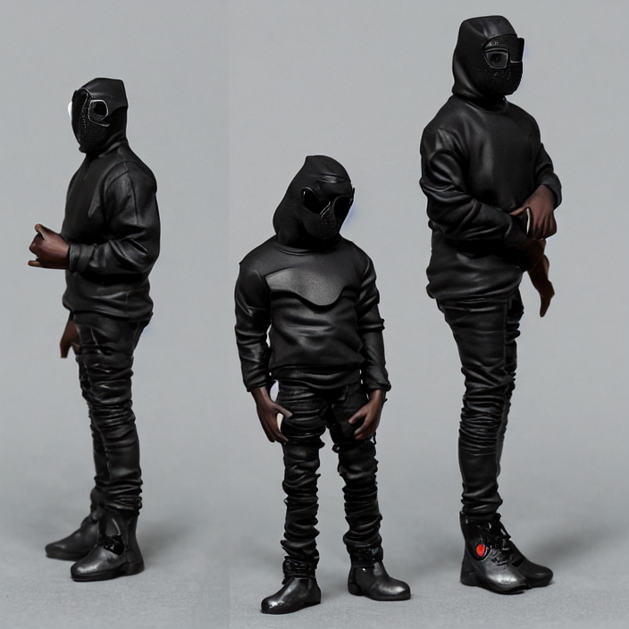KREA kanye west using a black mask with small holes, a black shirt, a
