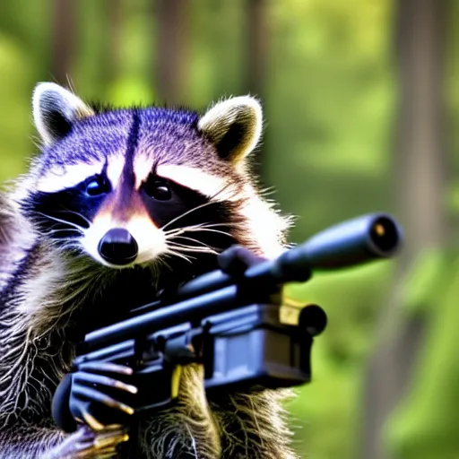 KREA raccoon shooting sniper rifle, photo, detailed, 4 k
