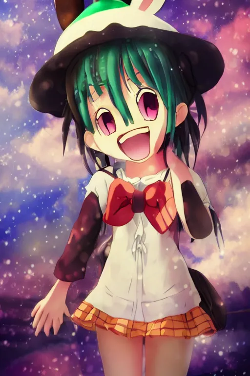 KREA Poster of tonemapped Smiling anime girl with bunny hat in the