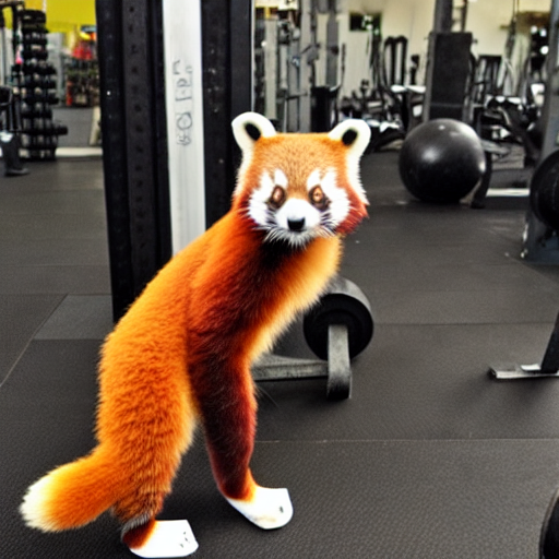 KREA a red panda at the gym lifting weights, gigachad red panda