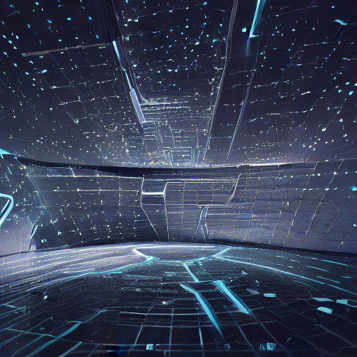 scifi motherboard wall structure and stars points cloud in the middle