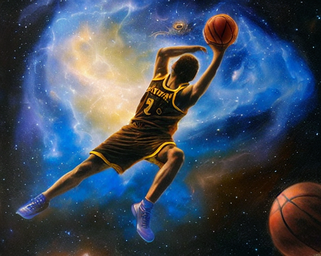 cosmic basketball player dunking a basketball hoop in a nebula, an oil
