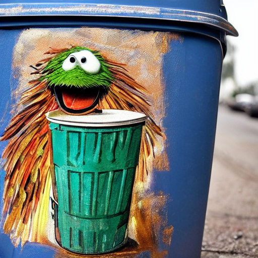 KREA oscar the grouch in an old garbage can gets given a gold plated garbage can, fresco painting