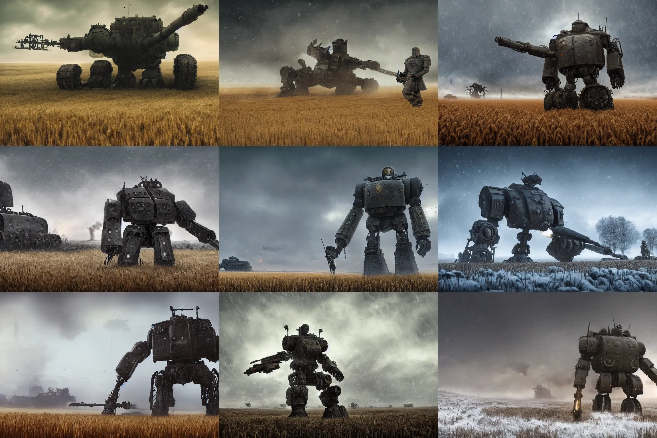 KREA Iron Harvest giant war mech with a huge rifle in a field, small