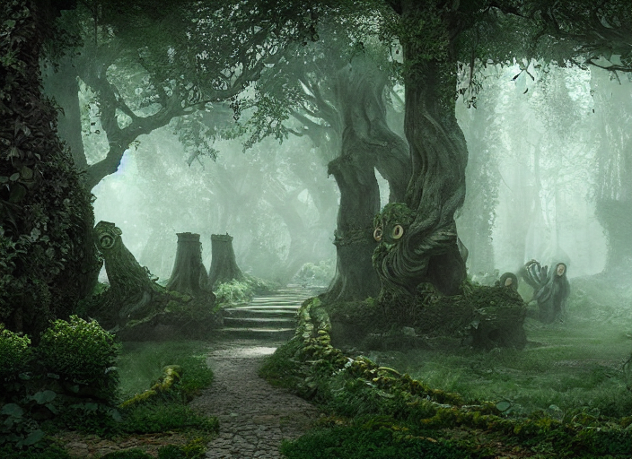 secret garden, pathway, scary monster statues, trees with faces, in the