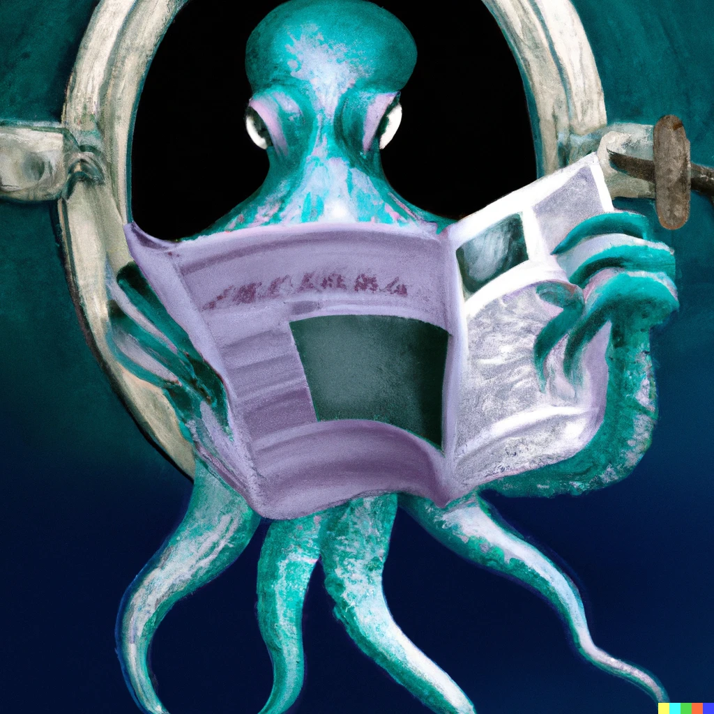 KREA An alien octopus floats through a portal reading a newspaper