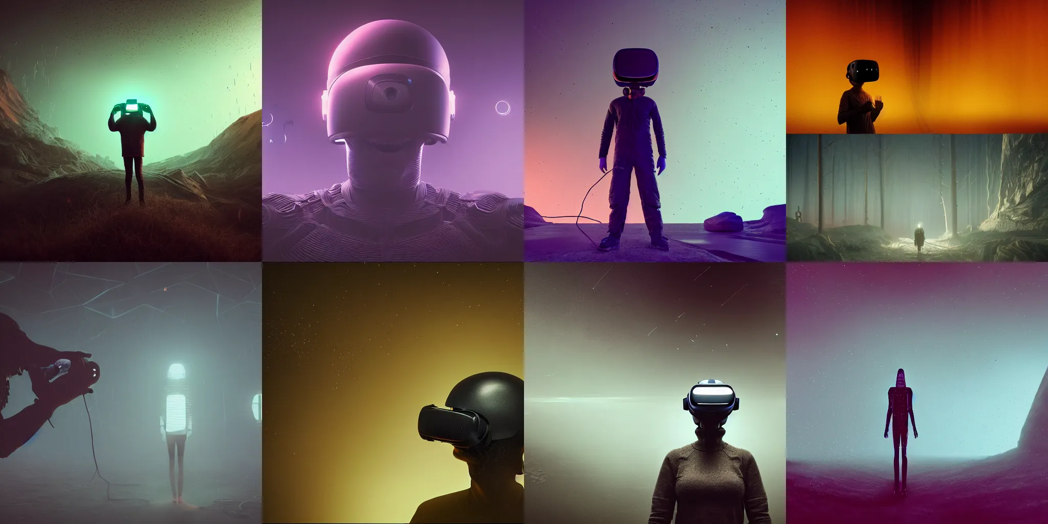 beautiful dark creepy landscape, person screaming wearing virtual reality helmet, in the style of beeple and beautiful dark creepy landscape, person screaming wearing virtual reality helmet, in the style of beeple and
