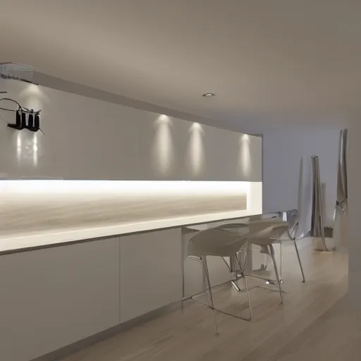 KREA led strip lighting under kitchen plinth, photorealistic, render, 8k