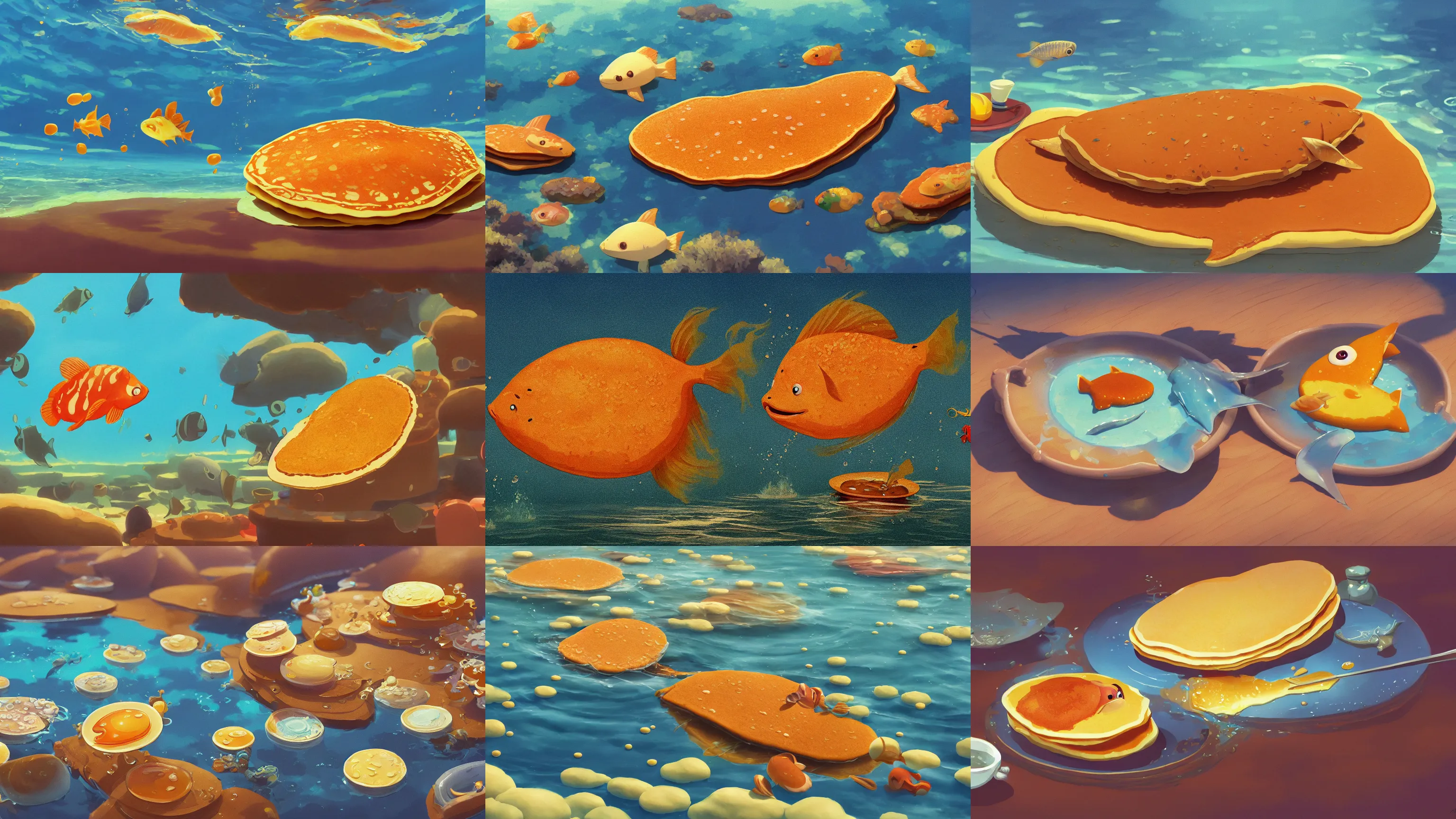 KREA painting of a happy flat pancake fish swimming in syrup, cute, 4