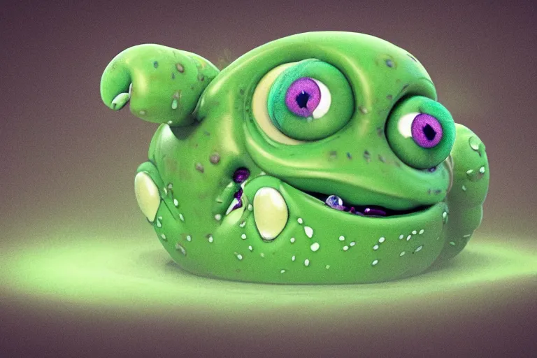 symmetrical intricate murky clay cute friendly laughing green caterpillar character with funny face, in the style symmetrical intricate murky clay cute friendly laughing green caterpillar character with funny face, in the style