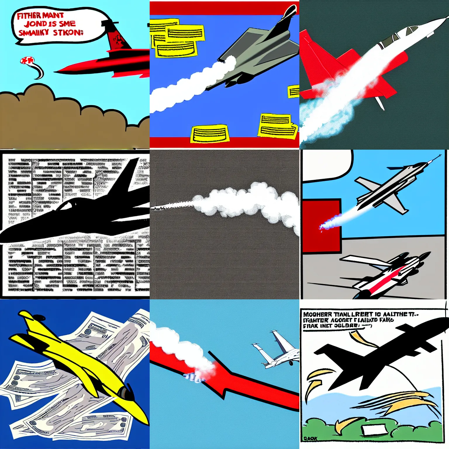 fighter jet in flight, money falling, smoke trail, cartoon,newspaper illustration fighter jet in flight, money falling, smoke trail, cartoon,newspaper illustration