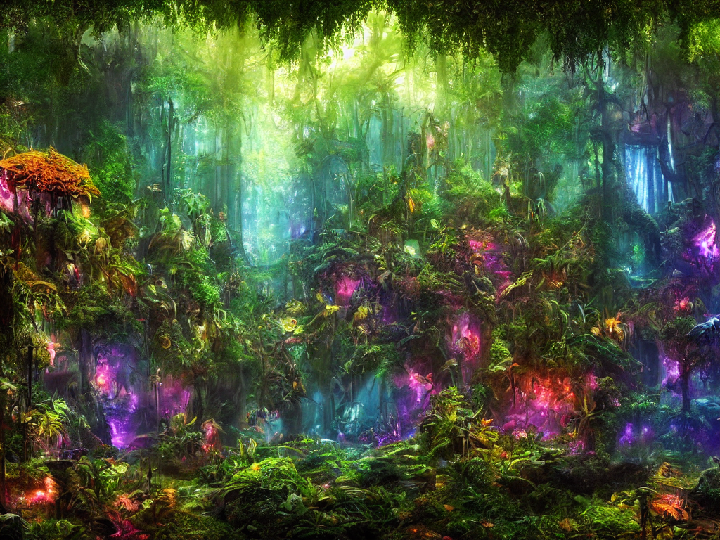 a fantasy beautiful dense biorelevant rainforest setting, ultrawide angle, glowing animals surround it with pixie dust ether floating in the air, hdr, epic scale, cmyk, deep spectrum color a fantasy beautiful dense biorelevant rainforest setting, ultrawide angle, glowing animals surround it with pixie dust ether floating in the air, hdr, epic scale, cmyk, deep spectrum color