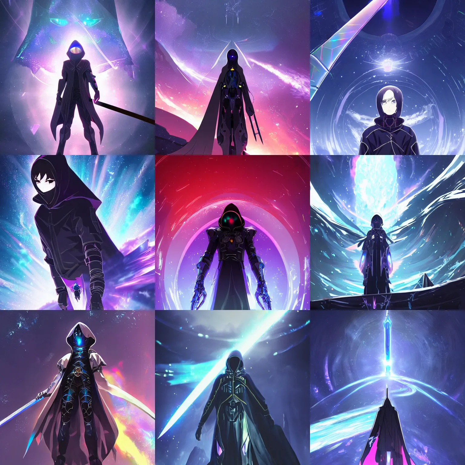 KREA - Powerful intricate ornate cybernetic dark hooded assassin sword  fighting the warrior god of chaos, beautiful high quality realistic anime  CGI from Makoto Shinkai, fantasy, detailed, iridescent, technological,  gothic influence, royal