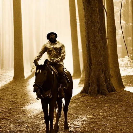 KREA Kanye West riding a horse in the forest, 35mm, photorealistic