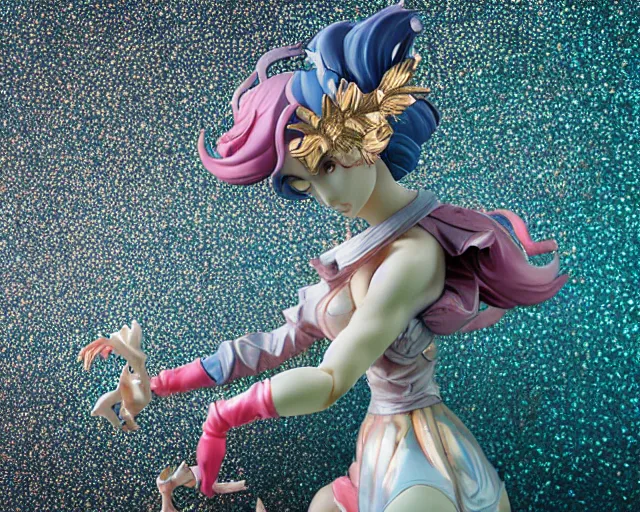 James Jean and Ilya Kushinov isolated magical girl vinyl figure, figure photography, dynamic pose, holographic undertones, James Jean and Ilya Kushinov isolated magical girl vinyl figure, figure photography, dynamic pose, holographic undertones,