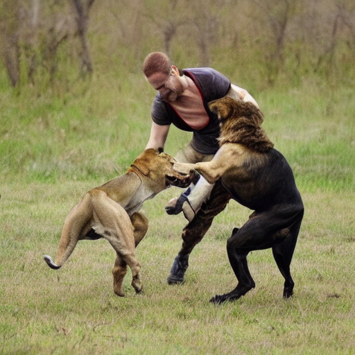 KREA a dog hunting a lion