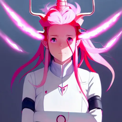 a beautiful girl with pink hair, wearing futuristic uniform, red horns, jrpg armor, perfect anime face, a beautiful girl with pink hair, wearing futuristic uniform, red horns, jrpg armor, perfect anime face,