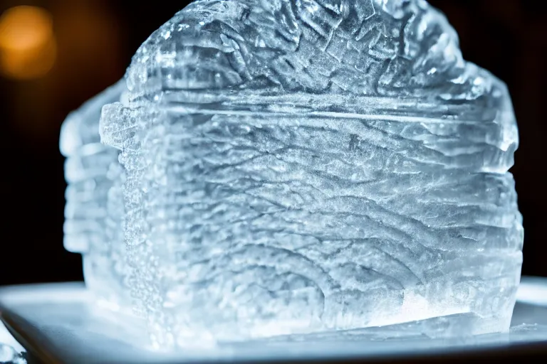 KREA a clear ice sculpture of a burger made entirely of ice, 4 k