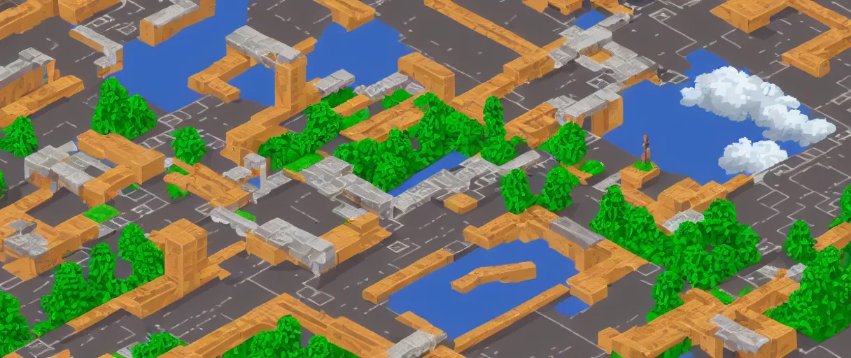 KREA Pixel Art arcade game scenario with bridge, stadium, mountains and clouds, all made of