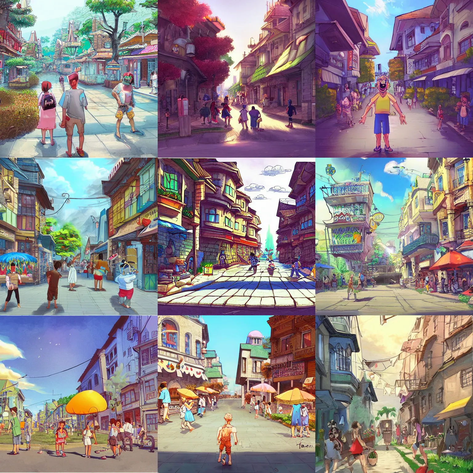 Standing on the streets of a beautiful fantasy town on a hot summer day, wide angle, Standing on the streets of a beautiful fantasy town on a hot summer day, wide angle,