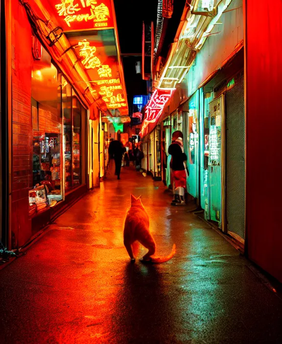KREA an orange tabby cat roaming the streets of a cyberpunk city