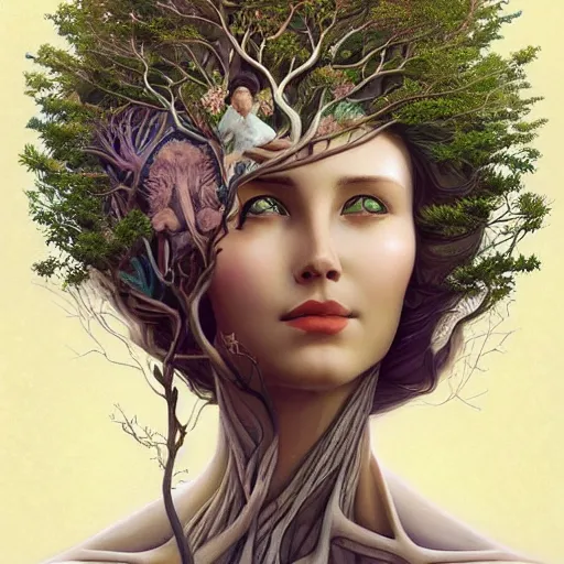 KREA A women with a tree growing out of the top of the head art deco