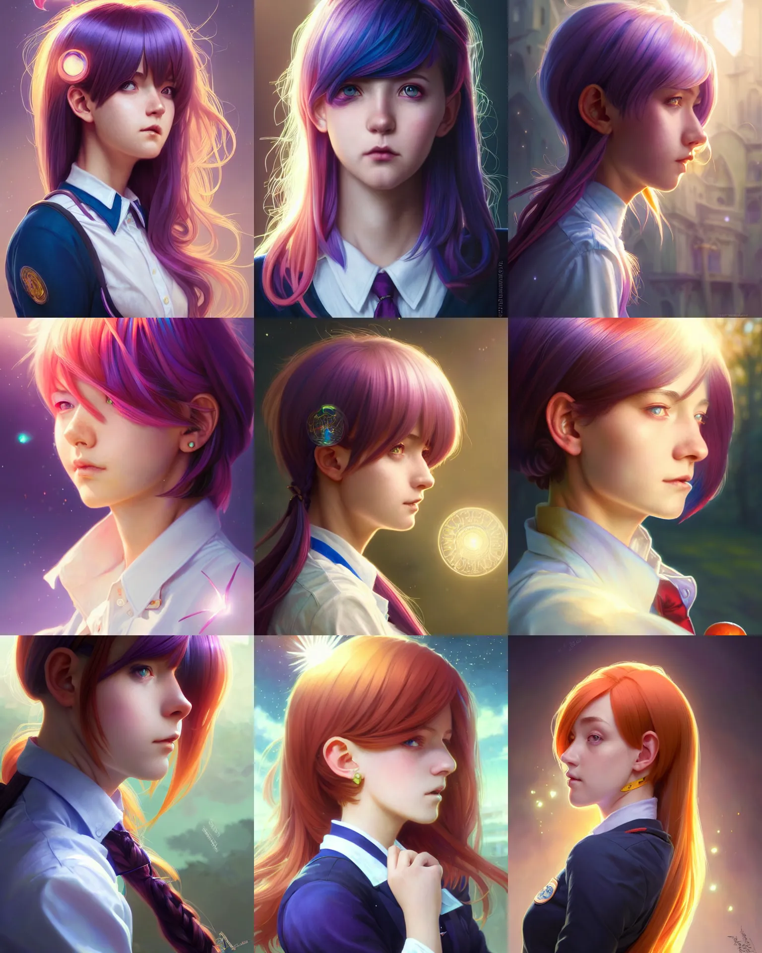 side portrait of an innocent lost college girl, magic school uniform, multi - colored hair, short hair side portrait of an innocent lost college girl, magic school uniform, multi - colored hair, short hair