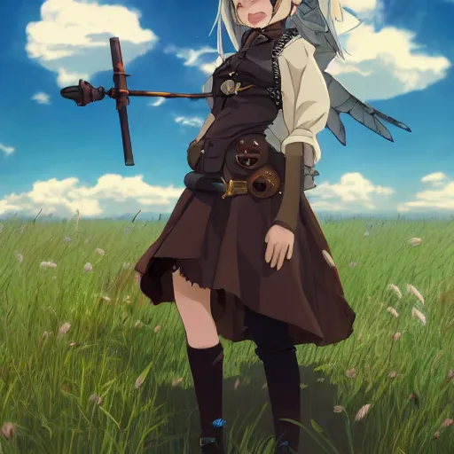 girl with a steampunk uniform and weapons and metal wings, serious, extremely detailed, made by wlop girl with a steampunk uniform and weapons and metal wings, serious, extremely detailed, made by wlop