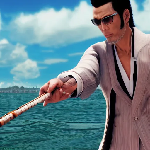 KREA photography of kiryu from the yakuza games fishing, hyper