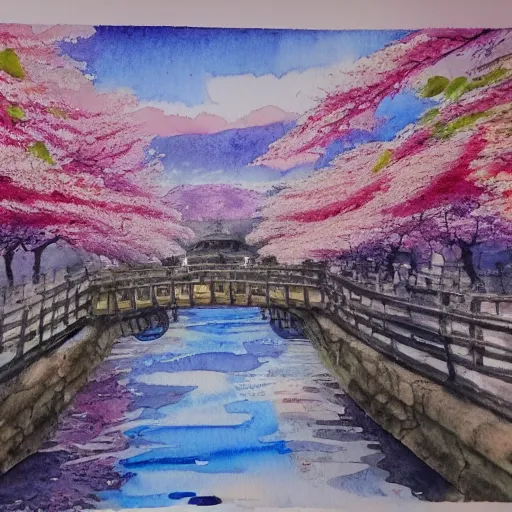 KREA watercolor painting of Kyoto in cherry blossom season, 4K
