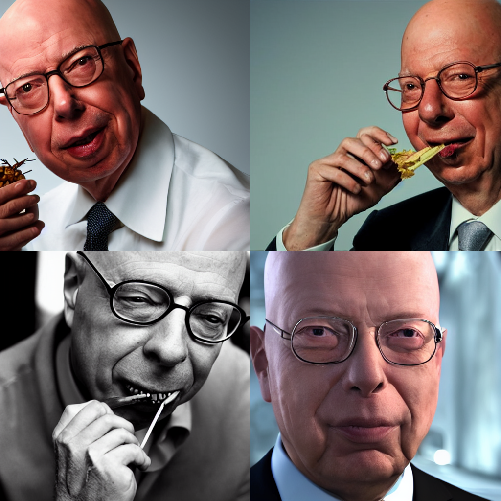 Klaus schwab eating bugs, 4K, photorealistic
