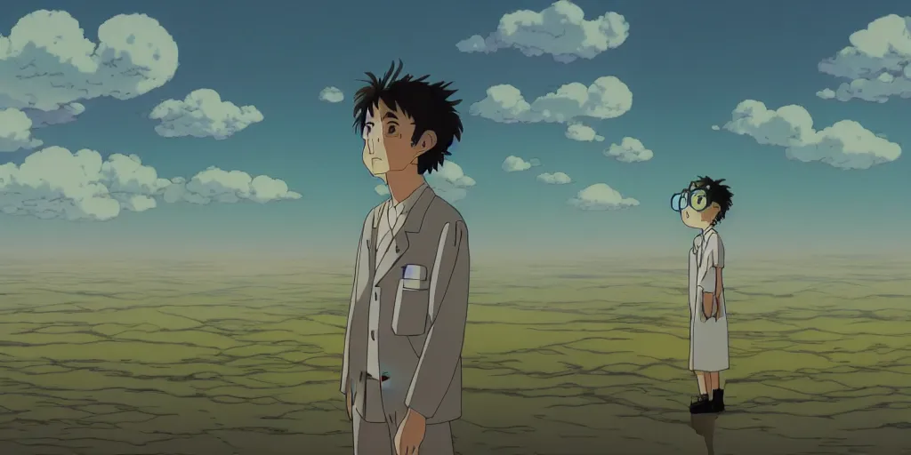 a cell - shaded studio ghibli cartoon concept art study of a scientist looking at a dimensional a cell - shaded studio ghibli cartoon concept art study of a scientist looking at a dimensional