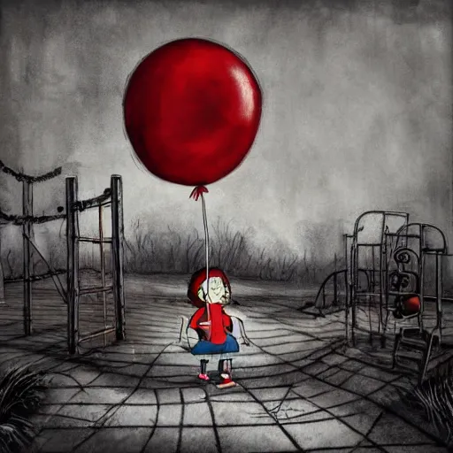 grunge painting of a playground with a wide smile and a red balloon by tim burton, grunge painting of a playground with a wide smile and a red balloon by tim burton,