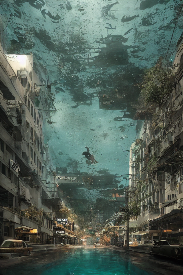 KREA underwater downtown Los Angeles photo, hyperdetailed, octane
