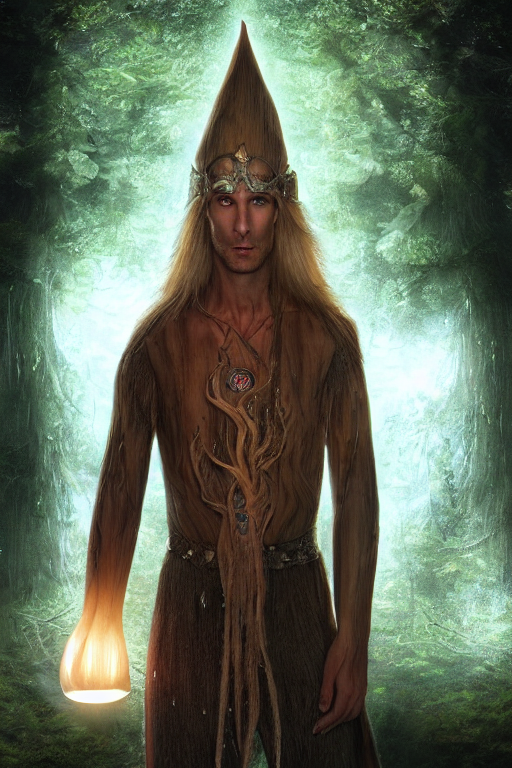 A tall slim male wood elf druid posing with a glowing mushroom in a