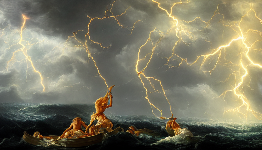 KREA baroque painting of zeus throwing lightning bolts on poseidon
