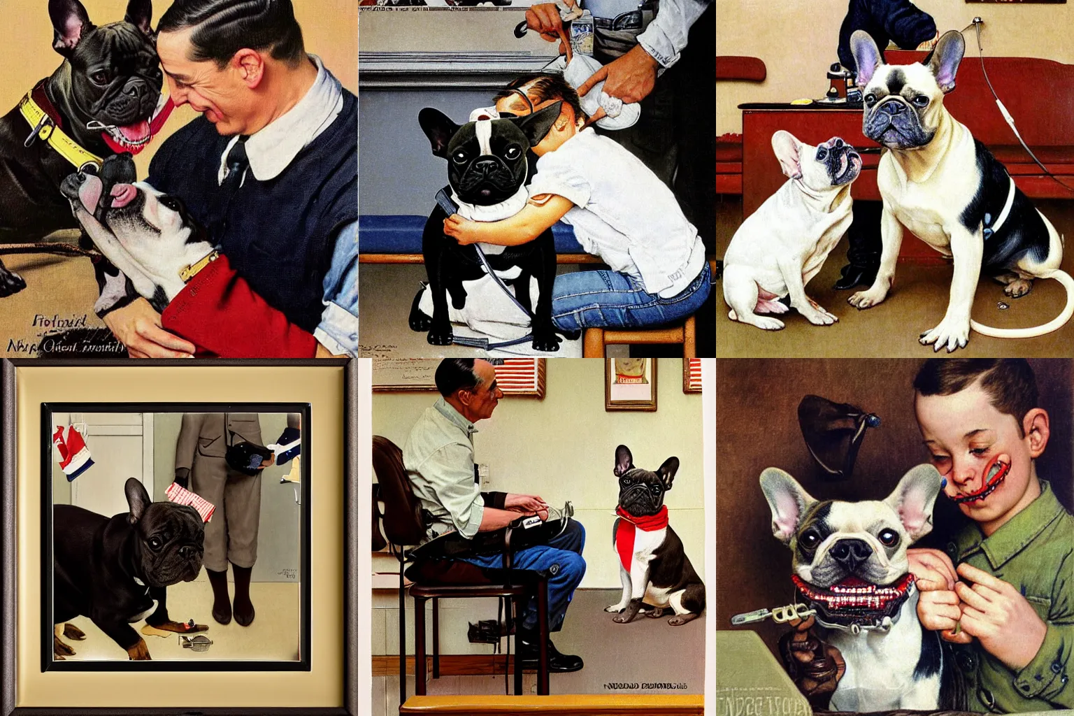 KREA french bulldog getting braces at the orthodontist office, by
