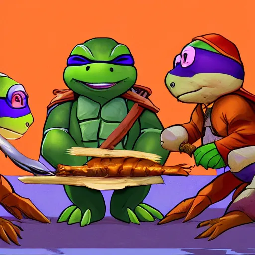Mutant ninja turtles roast a rat on a spit and laugh, super detailed color graphics, unreal Mutant ninja turtles roast a rat on a spit and laugh, super detailed color graphics, unreal