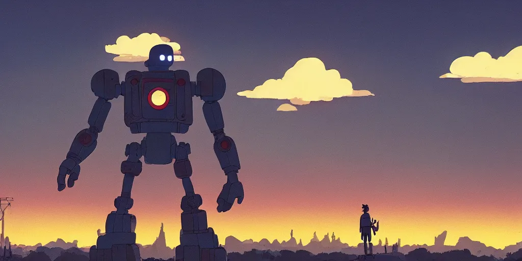 KREA Iron Giant, Portrait, Cloudy Sky, Golden Hour Sun, Neon Lights