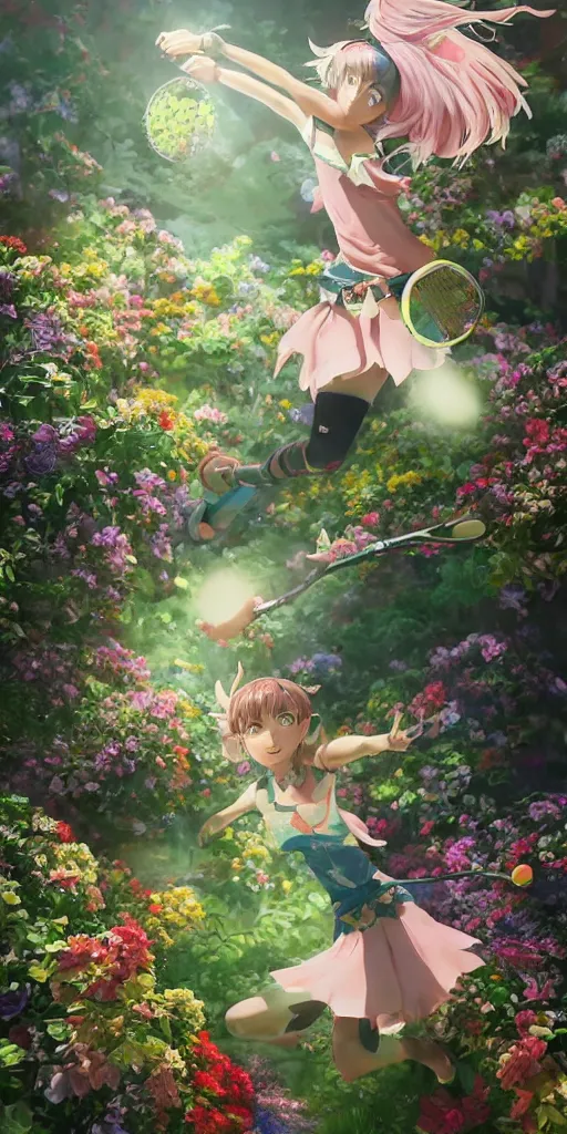 ONE elf playing tennis on a tennis court made of flowers, with a close-up of ONE elf playing tennis on a tennis court made of flowers, with a close-up of