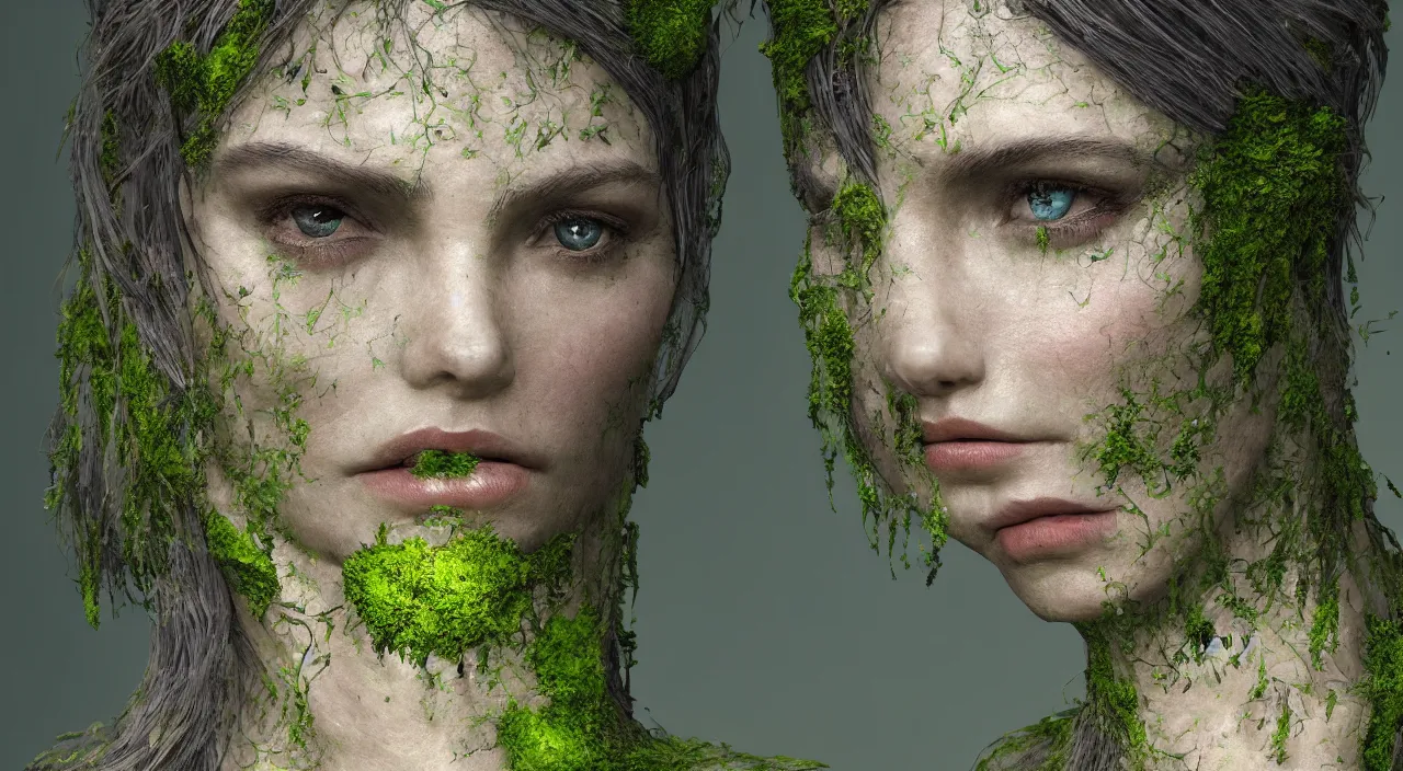 KREA Portrait of one single mosscovered older Gaia goddess shedding