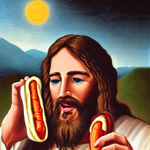 KREA Jesus eating a hotdog while reloading his revolver painting