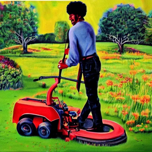 KREA painting of jimi hendrix mowing the lawn