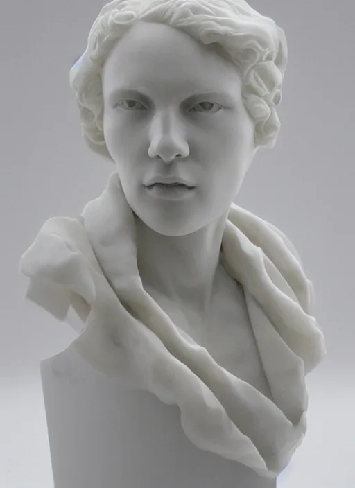 KREA an orthographic bust white marble sculpture of scarlett Johannsen