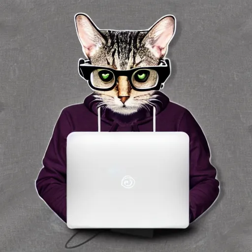 KREA cat in hoodie and glasses sits at the laptop, digital art, sticker