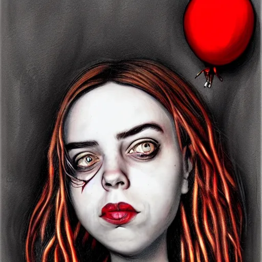 surrealism grunge cartoon portrait sketch of billie eilish with a wide smile and a red balloon surrealism grunge cartoon portrait sketch of billie eilish with a wide smile and a red balloon