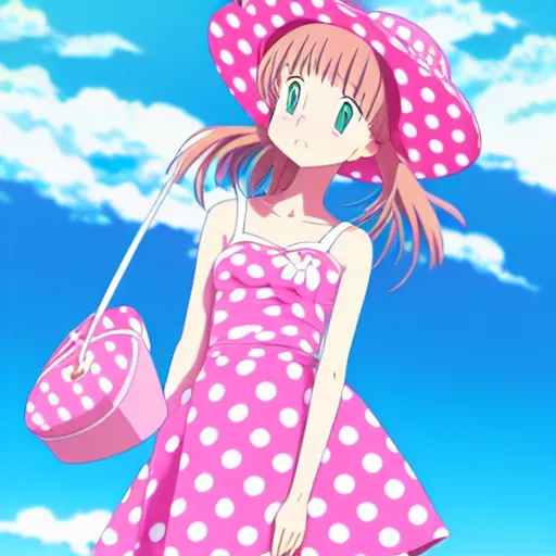 girl wearing pink dress, pink flip flops, and a pink bucket hat with white polka dots, girl wearing pink dress, pink flip flops, and a pink bucket hat with white polka dots,